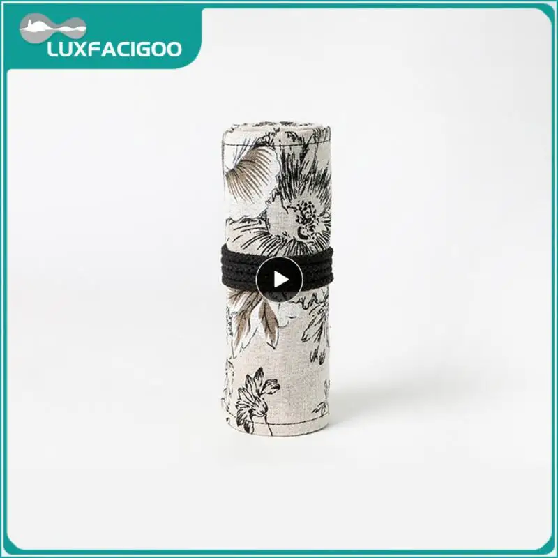 Canvas Pen Curtain Black Peony Japanese Print Elastic Socket Has Many Uses Folding Storage High Capacity Student Supplies