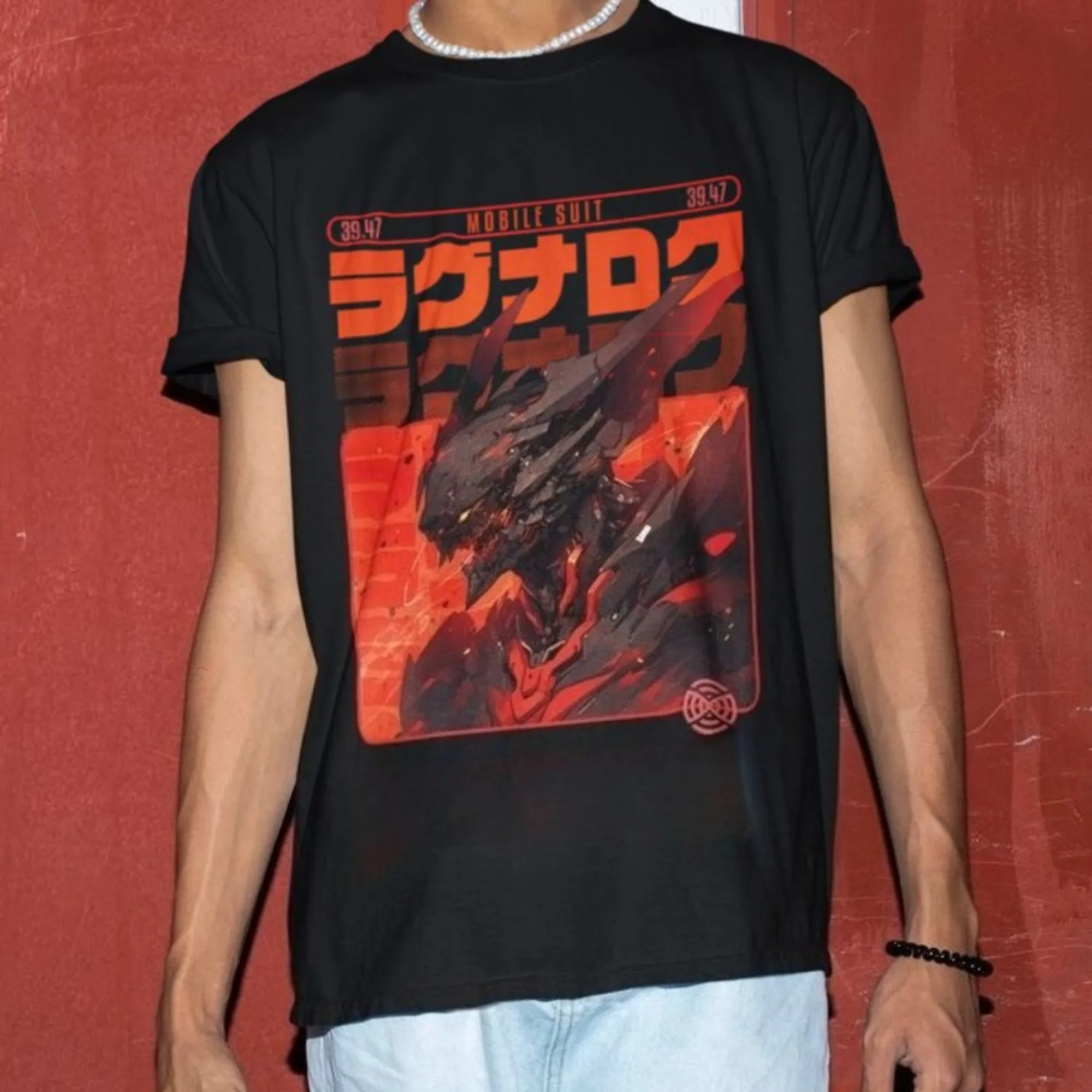 Cyberpunk Ragnarok Mecha T-Shirt Unisex 100% Baumwolle Rot Schwarz Grafikdruck Übergroßes Vintage Dark Anime Casual Tee