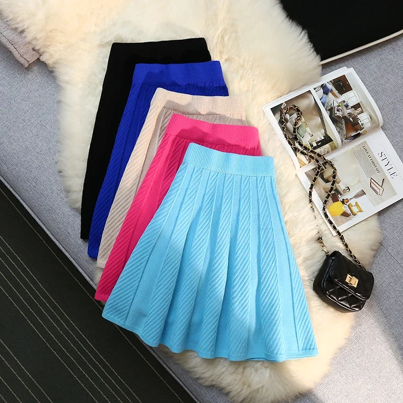 

Autumn Winter Knitted Pleated Short Mini Skirt Women Sexy Elastic High Waist Umbrella Korean Fashion Ladies Big Swing Skirt M78