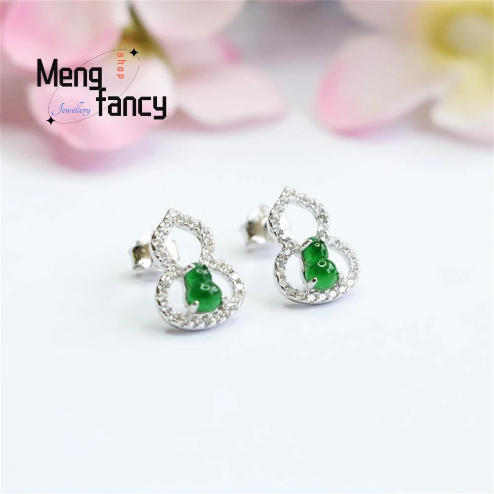 S925 Silver Lnlaid Natural Jadeite Exquisite Elegant Simple High-grade Earrings A goods Gourd Ear Hooks Luxury Quality Jewelry