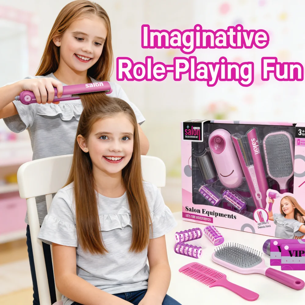 Kit de juguetes de peluquería de belleza para niñas de 8 piezas con alisador y accesorios de peinado, juego de estilista de muñecas de juego de simulación de moda, Navidad