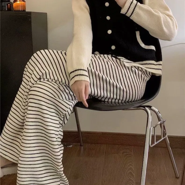 Serviette en soie glacée taille haute pantalon à jambes larges Dstring pantalon décontracté femme printemps été drapé rayé pantalons décontractés