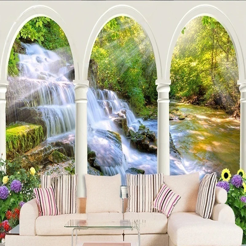 Custom Landscape Wallpaper Mural - Mountain Forest Waterfall Scenery Photo Wallpaper for Living Room Bedroom Decoration