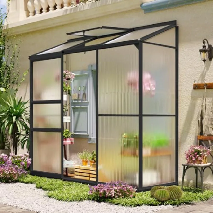 Lean-to Polycarbonate Greenhouse 6x2 Feet, Outdoor Garden Use, Transparent Polycarbonate Panels, Weather-Resistant Gray Frame,