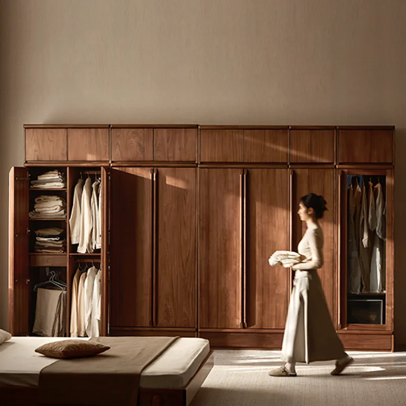 Black walnut solid wood cabinet furniture bedroom sliding door wardrobe household bone line storage cabinet