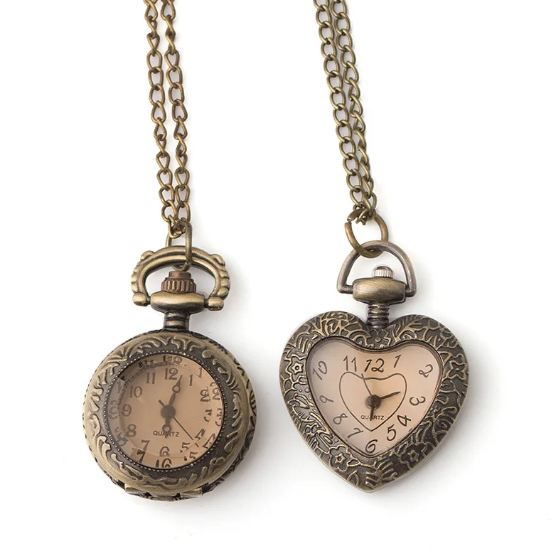 Reloj de bolsillo de cuarzo con esfera pequeña Vintage para hombres y mujeres, bronce, amor, corazón, diamante, Fob, cadena colgante, collar, reloj