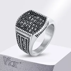 Vnox 16.7mm Biker Signet Ring for Men, Stanless Steel Geometric Top Ring, Black CZ Stones Stamp Finger Band, Gift to Him Husband
