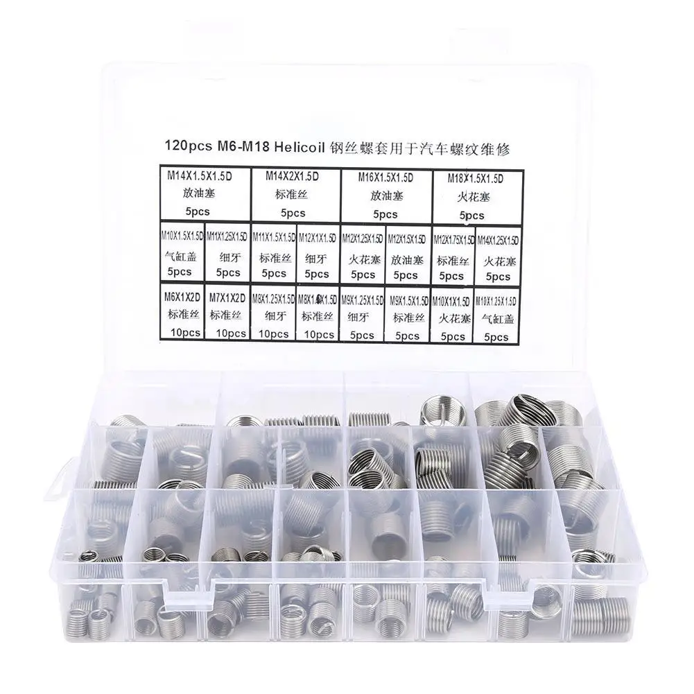 

Stainless Steel Screw Thread Insert Kit 120Pcs M6 M7 M8 M9 M10 M11 M12 M14 M18 Repair Inserts Set