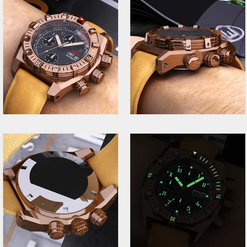 SIDAXIN Men Chronograph Watch 45mm Bronze Automatic Mechanical Wristwatch 200M Waterproof C3 Luminous Week Date 7750