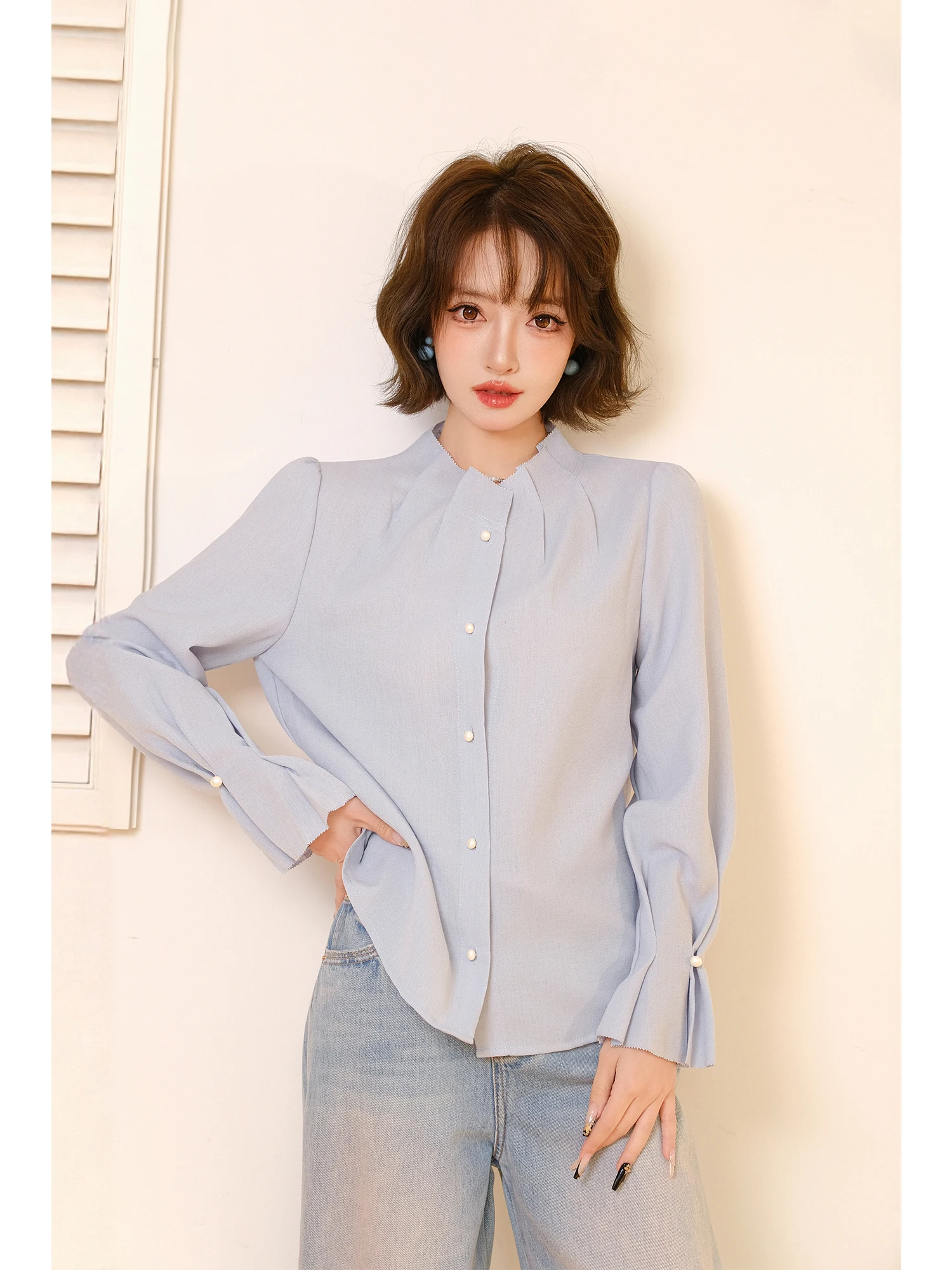 

MIUCO French Style Long Sleeve Shirt Women's Spring Fashion Stand Collar Ruffle Hem Blouse Breathable Comfortable Commute