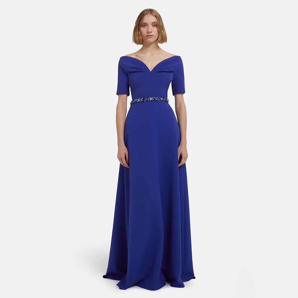 

Royal Blue Evening Dresses for Women Off the Shoulder A Line 2025 Evening Gowns Long Crystal Belt Short Sleeves V Neck Prom Gown