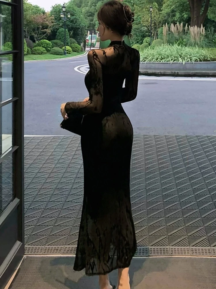 2025 Black Jacquard Patchwork Mesh Sheer Sexy Dress Autumn Winter Long Sleeve Bodycon Dress Women Korean Vintage Hepburn Dresses