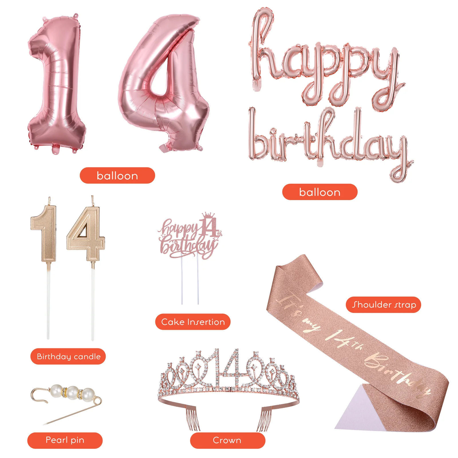 14 pcs Rose Gold Girl's 14th Set Party Supplies Celebration Happy Birthday Theme Party Decor Festival Decor Birthday for Girls