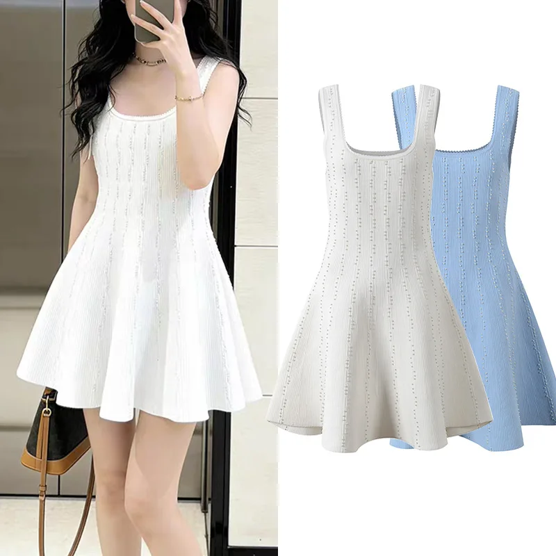 

Summer Elegant Sleeveless Crystal Beaded Short Knitted Dress Solid Square Collar Bodycon Female Party Vestidos