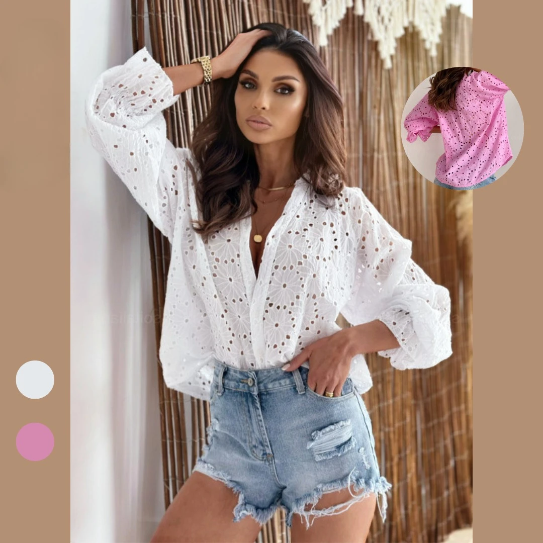 

2025 Autumn New Simple Solid Color Women Casual Blouses Pure Cotton Hollow Design Female Lantern Long Sleeve Buckle Shirt