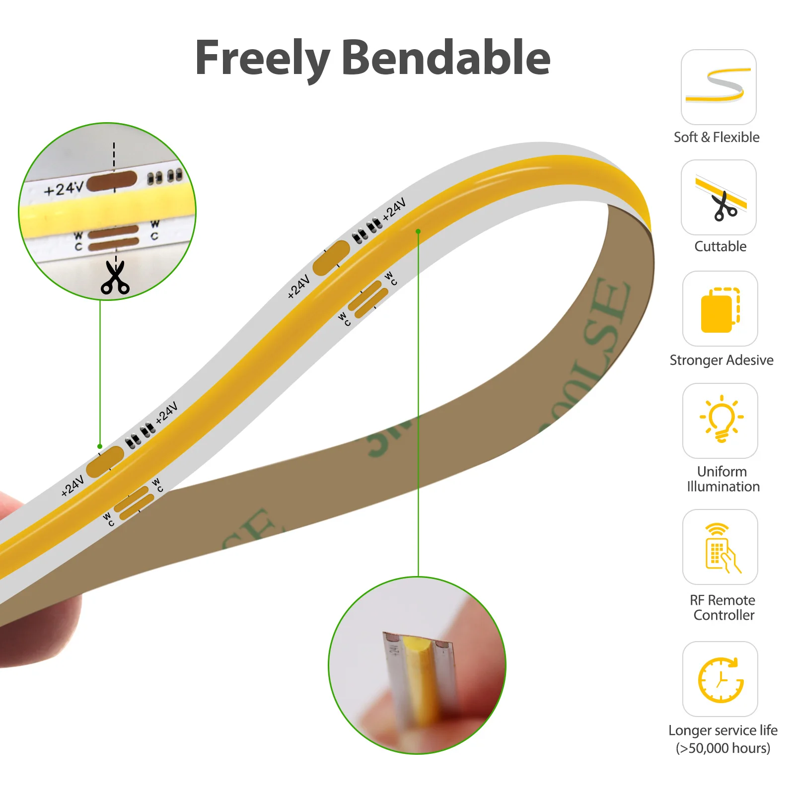 Dimmable COB LED Strip with CCT LED Remote Control Full Set 576LEDs High Density Flexible COB Strip Lights for Room Decor