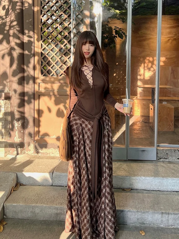 

XZY Sexy Hollow out Deep V Ne Strap Dr Women's plus Size Winter Vintage Plaid Splicing Long Dr High Waist A-Line Skirt