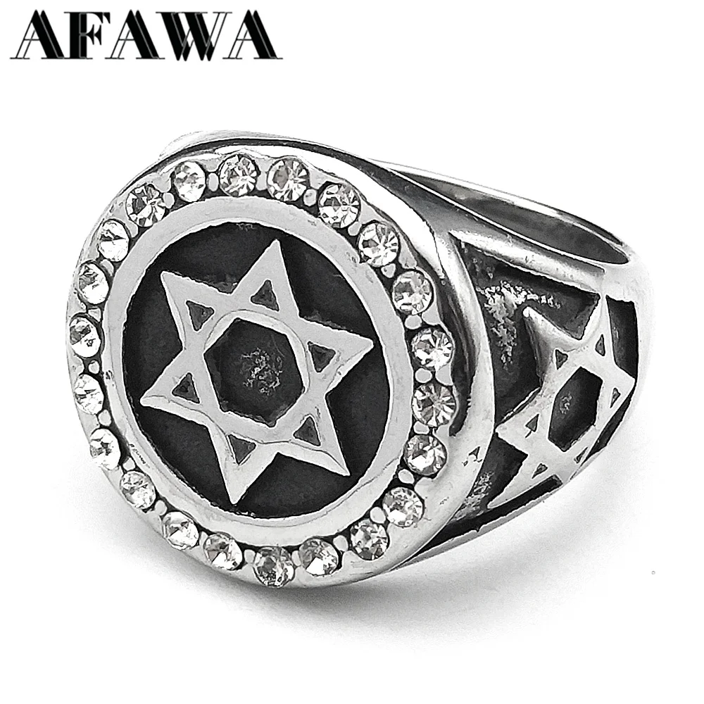 Vintage Punk Jewish Hexagram Star of David Ring for Men Stainless Steel Male Boy Biker Rhinestones Finger Ring Jewelry Gift