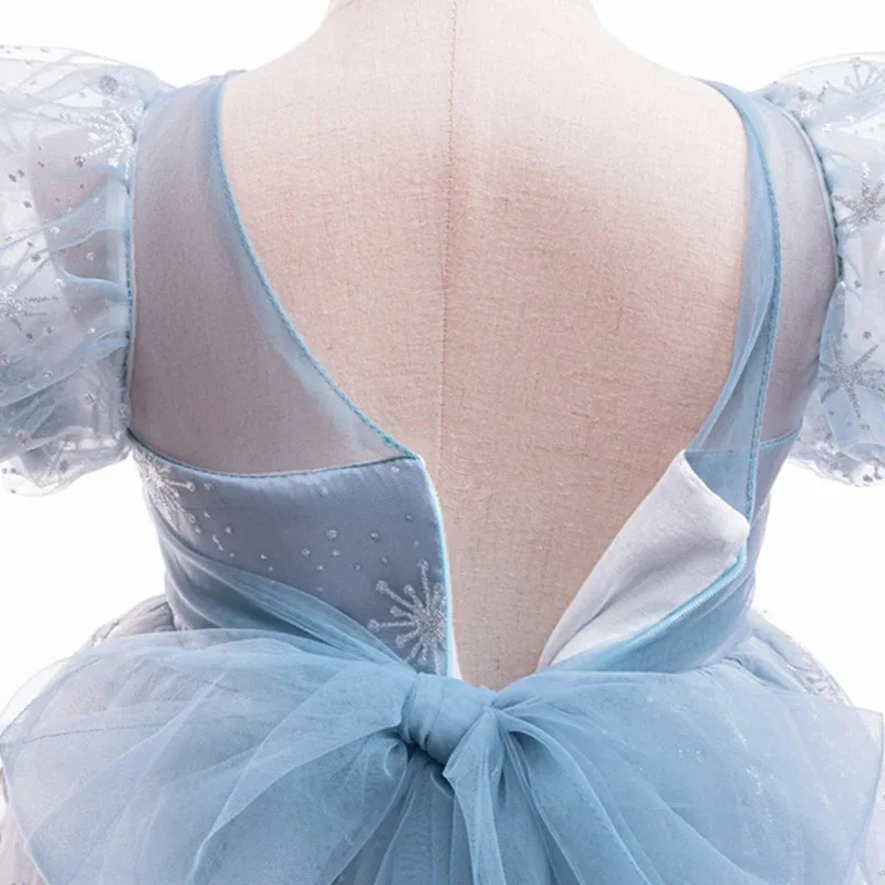 Gaun Putri Anak Perempuan Elsa Cosplay Ikatan Simpul Kepingan Salju Kostum Ratu Salju Gaun Pesta Bermain Peran Pesta Ulang Tahun Karnaval Anak-anak