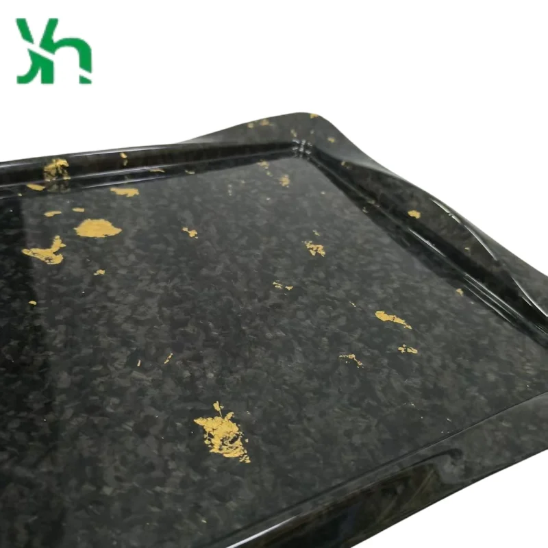 Bandeja de fibra de carbono seca 3K con incrustaciones de hojas doradas, plato de aperitivo forjado de 30x25cm, servicio de lujo moderno