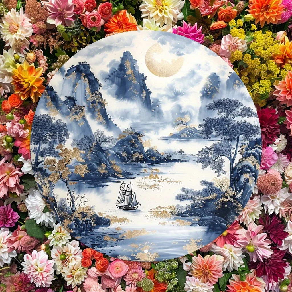 2D Flat Printing 1pc Metal Iron Sign Wall Art, 1pc Round Blue And White Porcelain Scene with Serene River And Boat, Golden Accen