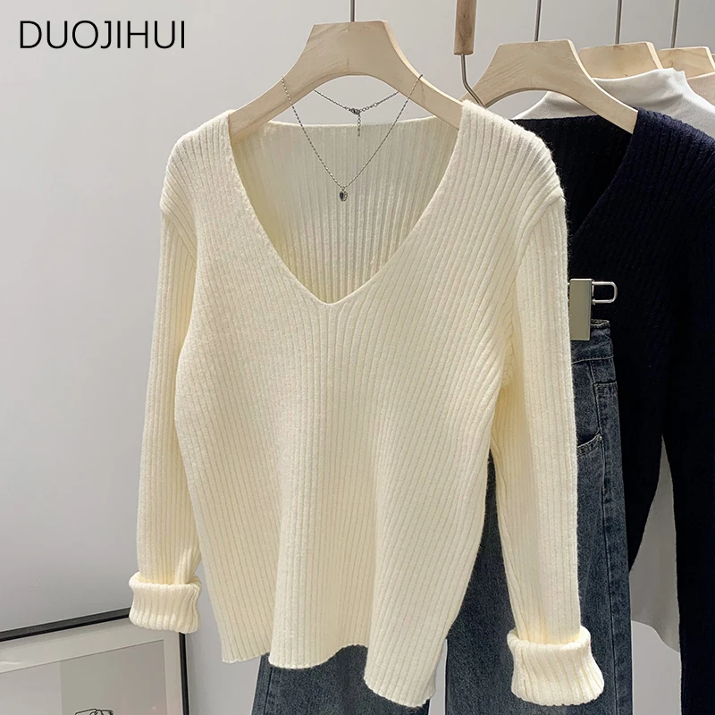 

DUOJIHUI Autumn Sweet Chic V-neck Loose Women Pullovers Basic Long Sleeve Fashion Solid Color Simple Casual S-L Female Pullovers