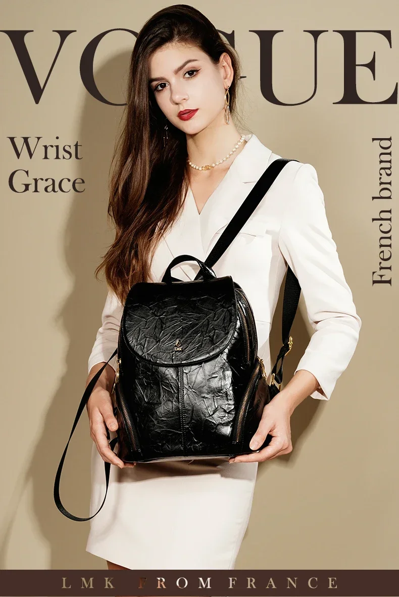 

Backpack French LMK leather backpack women's 2024 new autumn and winter fashion large capacity anti-theft travel backpack tide