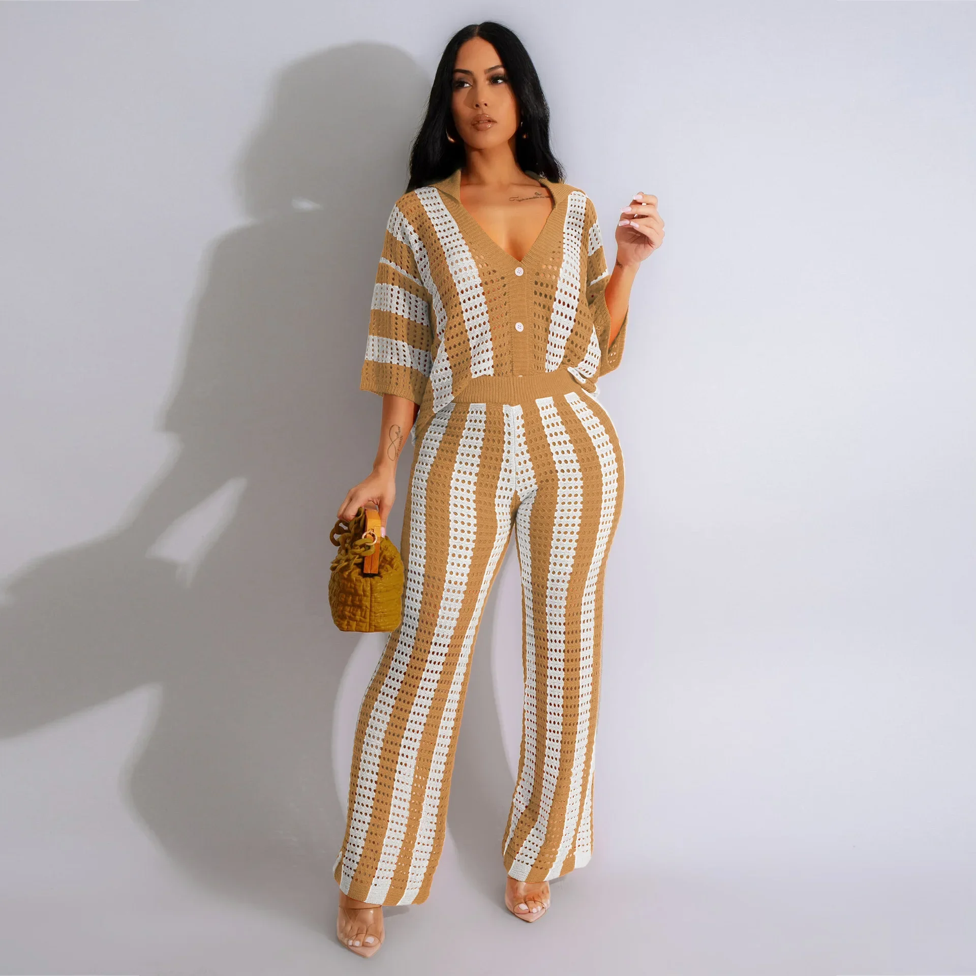 Matching Sets Two Pieces Hollow Out Knitted Striped Sweaters V Neck Loose Wide Leg Pants Pockets  Women Tracksuit Casual