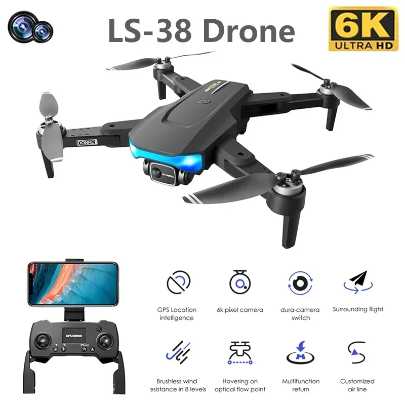 LS-38 RC Drone 5G WiFi FPV Brushless Motor GPS Return 360° Laser Obstacle Avoidance 6K HD Dual Camera RC Quadcopter Drone Toys