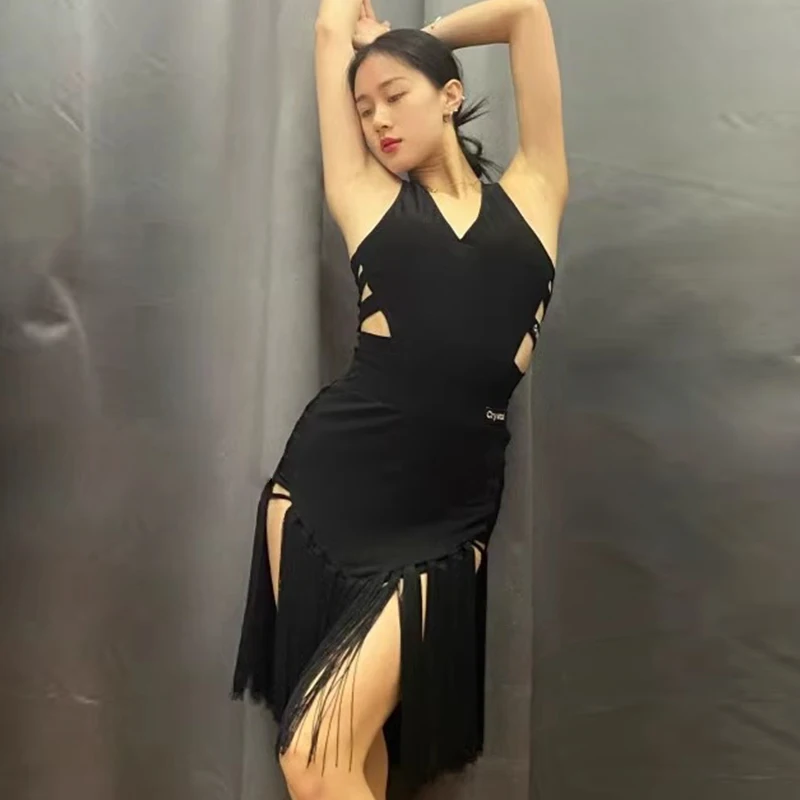 Sexy Latin Dance Costume Women Hollow Out Black Latin Dress Adult ChaCha Samba Performance Clothing Dancer Practice Clothes 2105