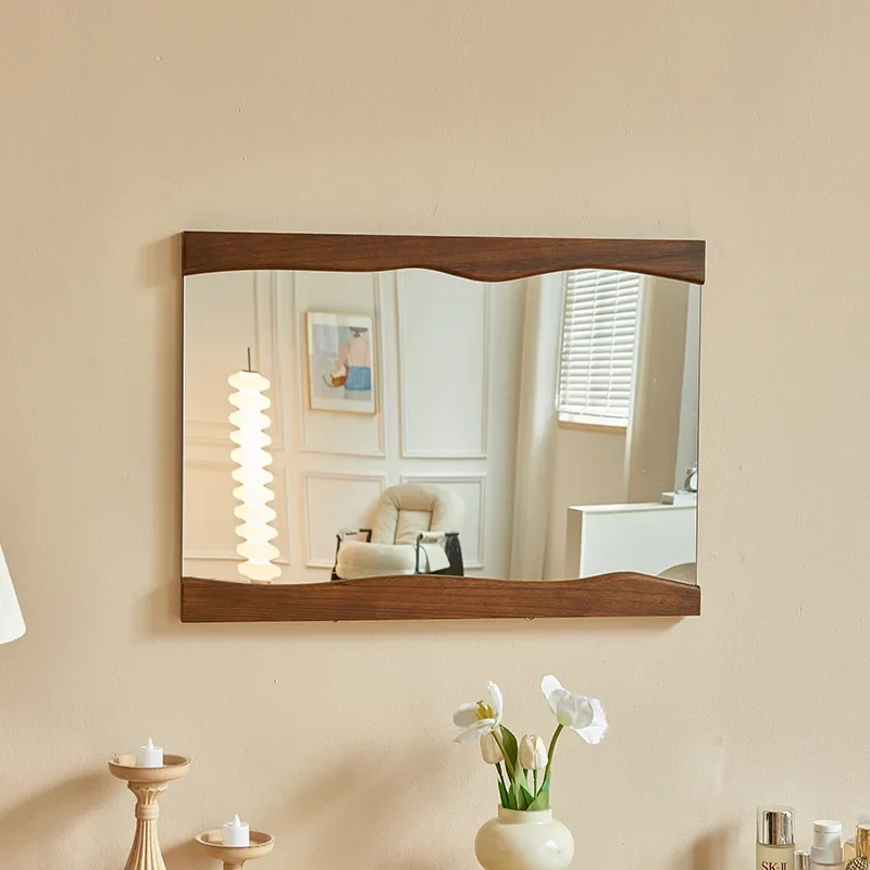 Solid wood square bathroom mirror wall hanging wall attached bathroom wavy vanity mirror retro lace special-shaped mirror