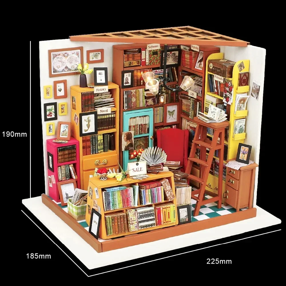 Livraria LED para crianças, Dollhouse Miniatura De Madeira, Kit De Móveis, DIY Home Puzzle Brinquedos