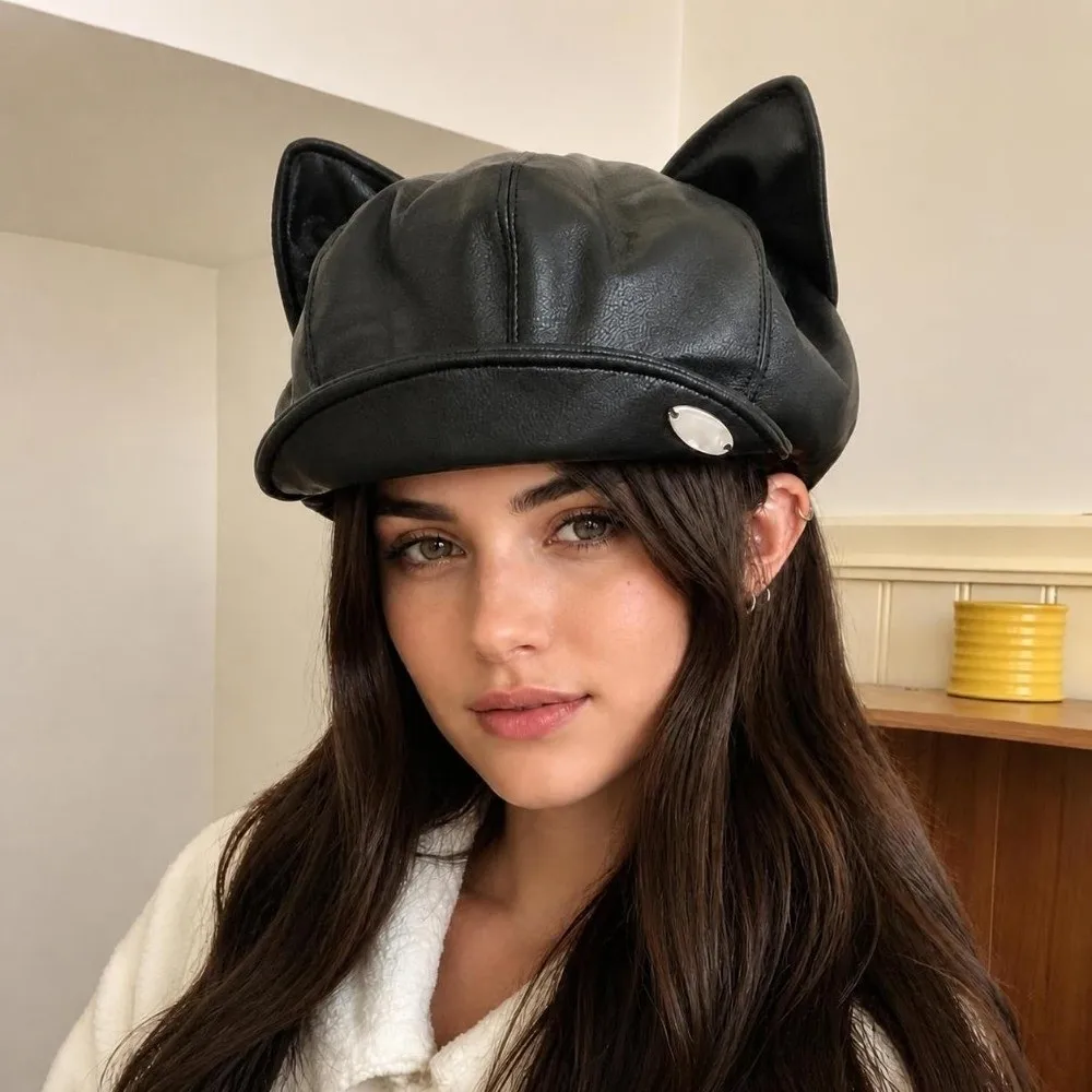 Elegant PU Leather Cat Ear Beret Cute Ear Design Retro Style Newsboy Cap Black/Coffee Leather Beret Hat Autumn Winter
