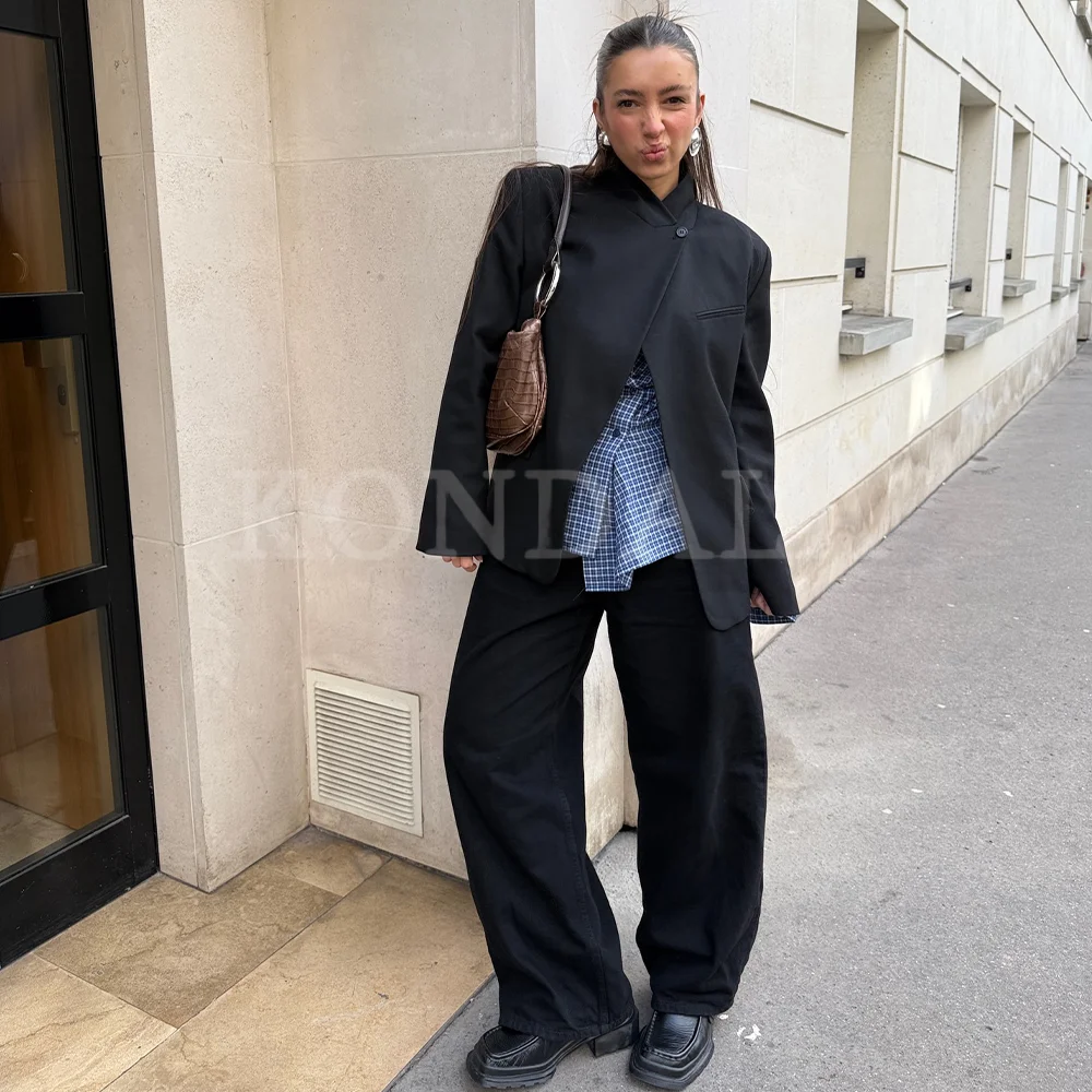 

KONDALA 2026 Spring Summer Black Elegant Women Suits Fashion Ladies Streetwear Single Button Casual Blazers Chic Wide Leg Pants
