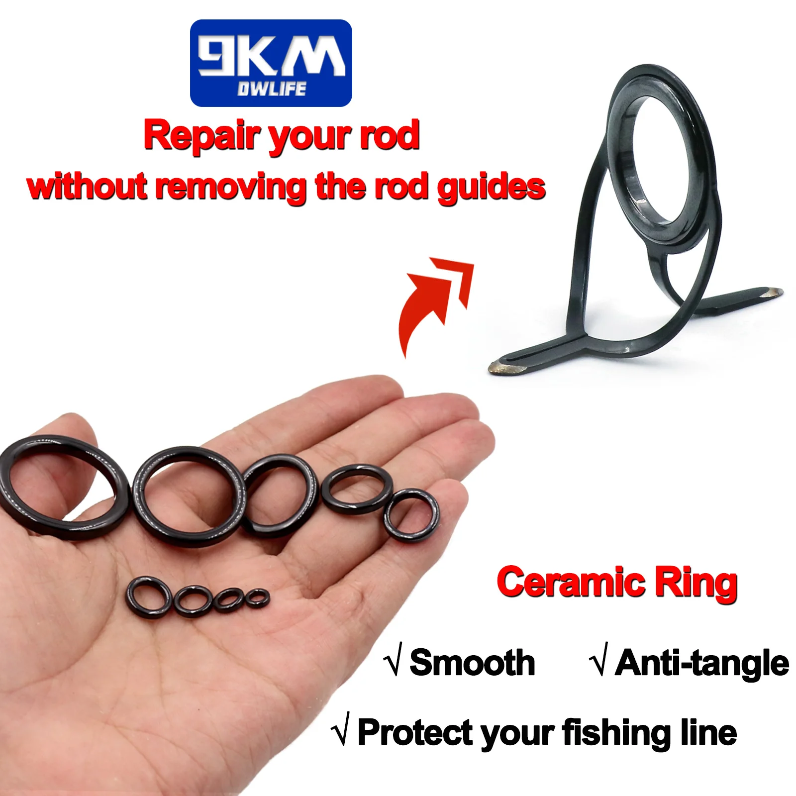 Fishing Rod Guides Ring 10Pcs~100Pcs Wear Resistant Ceramic Guide Ring Rod Repair Replacement Kit Alconite Ring Black 6mm~47.3mm