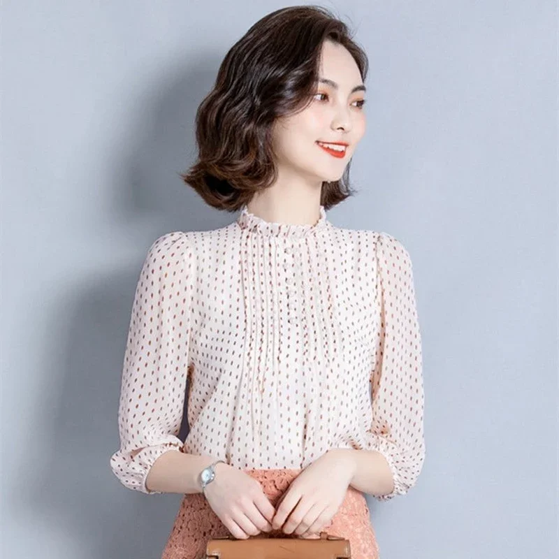 

2025 Women Spring Autumn Style Chiffon Blouses Shirts Lady Casual Long Sleeve O-Neck Polka Dot Printed Chiffon Blusas Tops