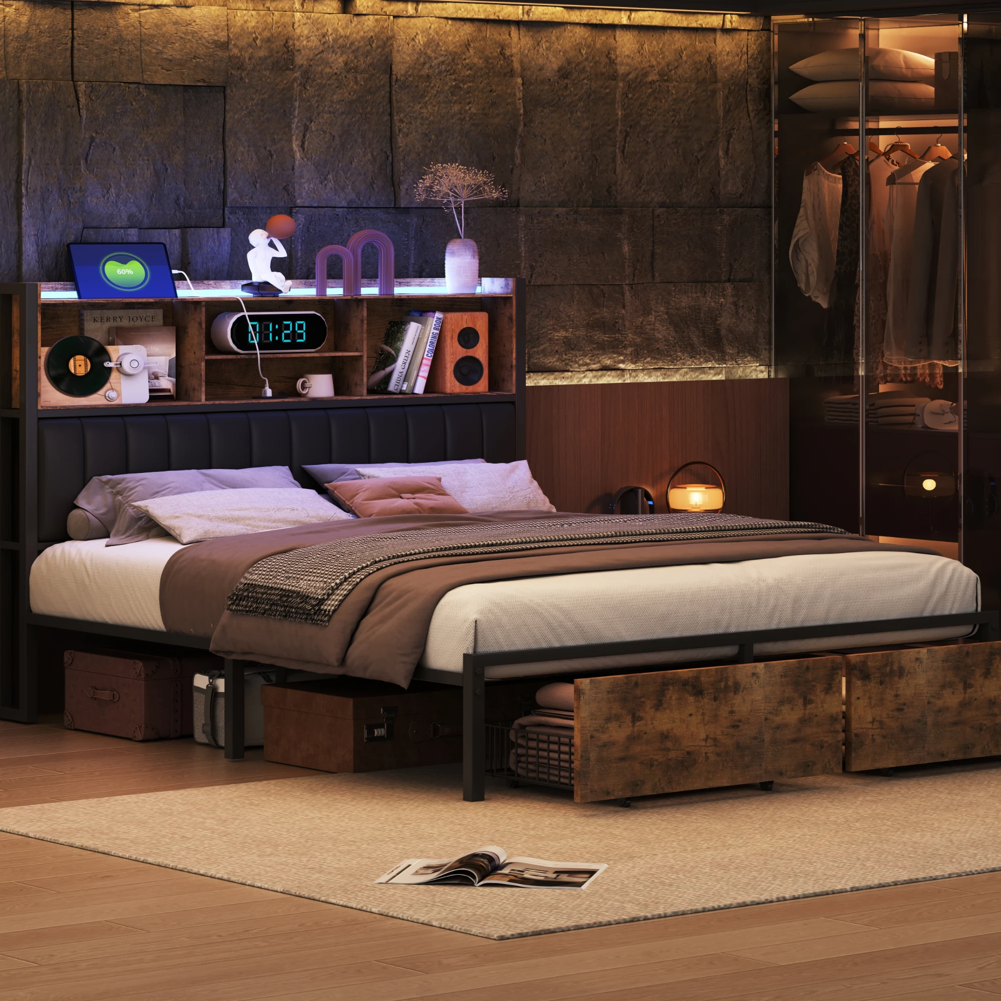 Bett aus Eisenholz, 160 x 200 cm/180 x 200 cm großes Doppelbett, gepolstertes Kopfteil mit Stauraum,