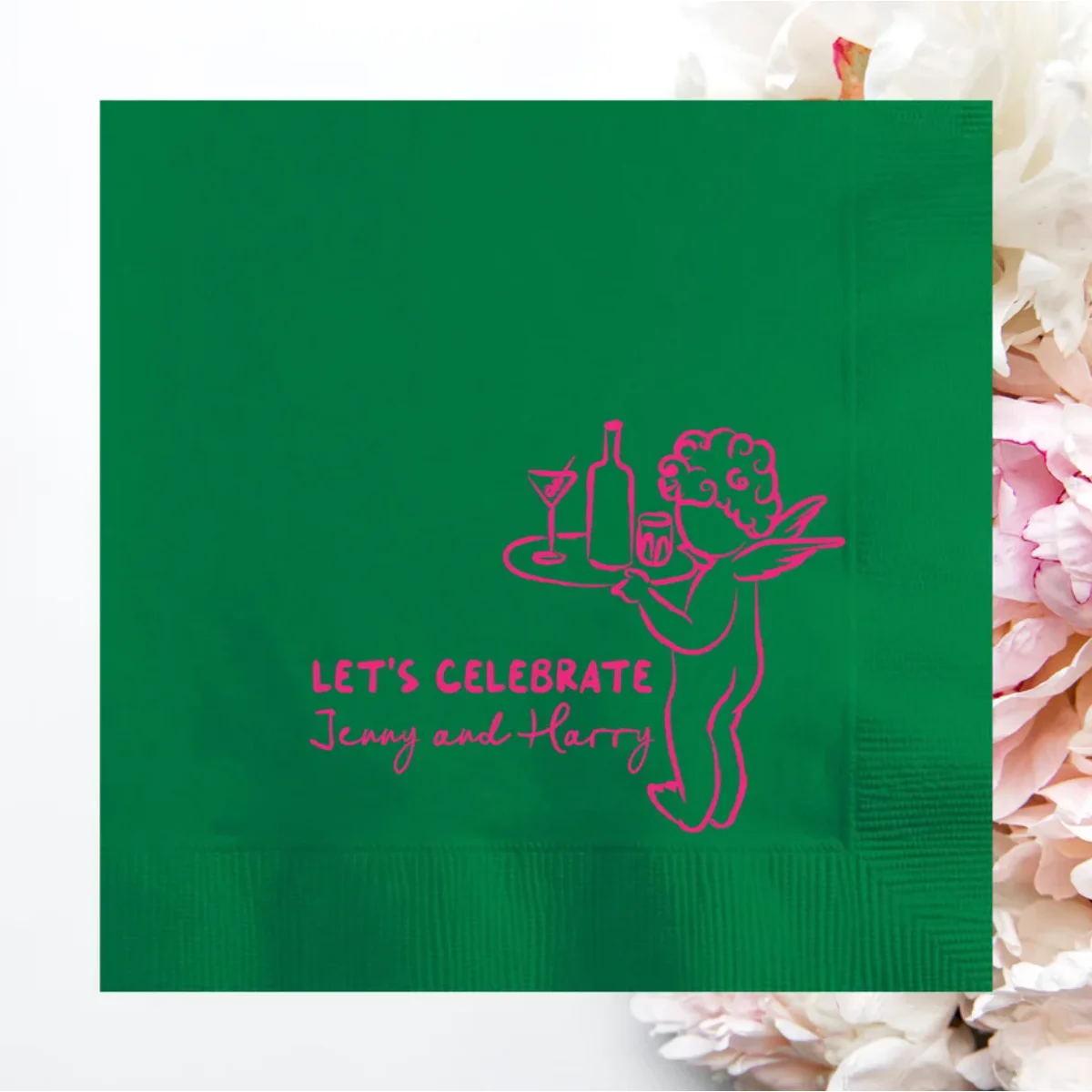 Let's Celebrate Cherub Hand Drawn Cupid Icon Personalized Wedding Napkins, Custom Vow Cocktail Napkins, Engagement Party, God of