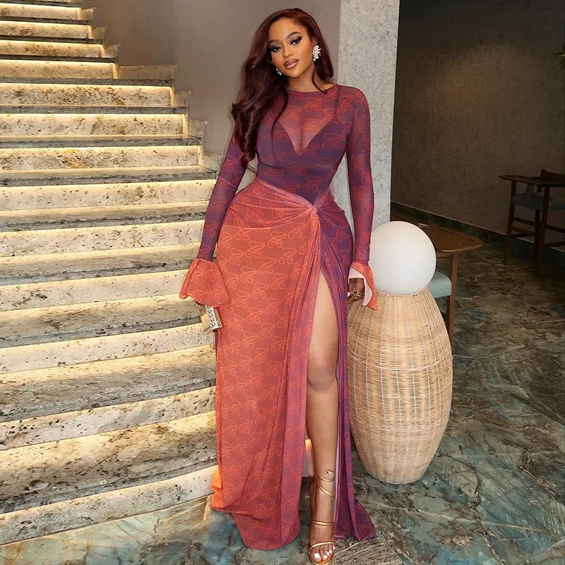 

Вечернее платье Doyerl из сетки с принтом, пэчворком, расклешенными рукавами, драпировкой и высоким разрезом для вечеринок, дней рождения и ночных клубов