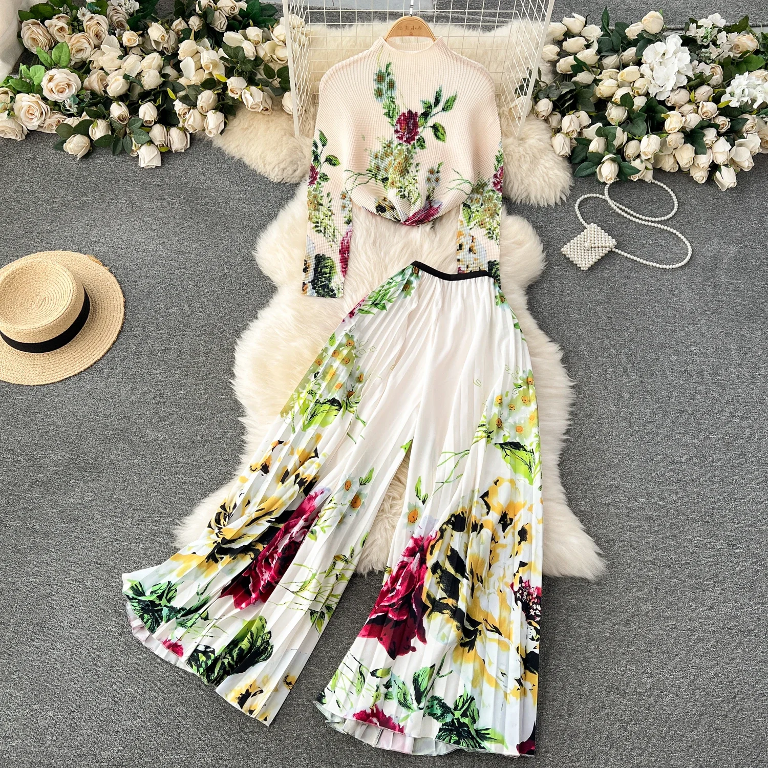 Elegant Long Sleeves Vintage Half High Collar Print Top Loose High Waist Pleated Wide Leg Pants High Street Autumn Winter Sets