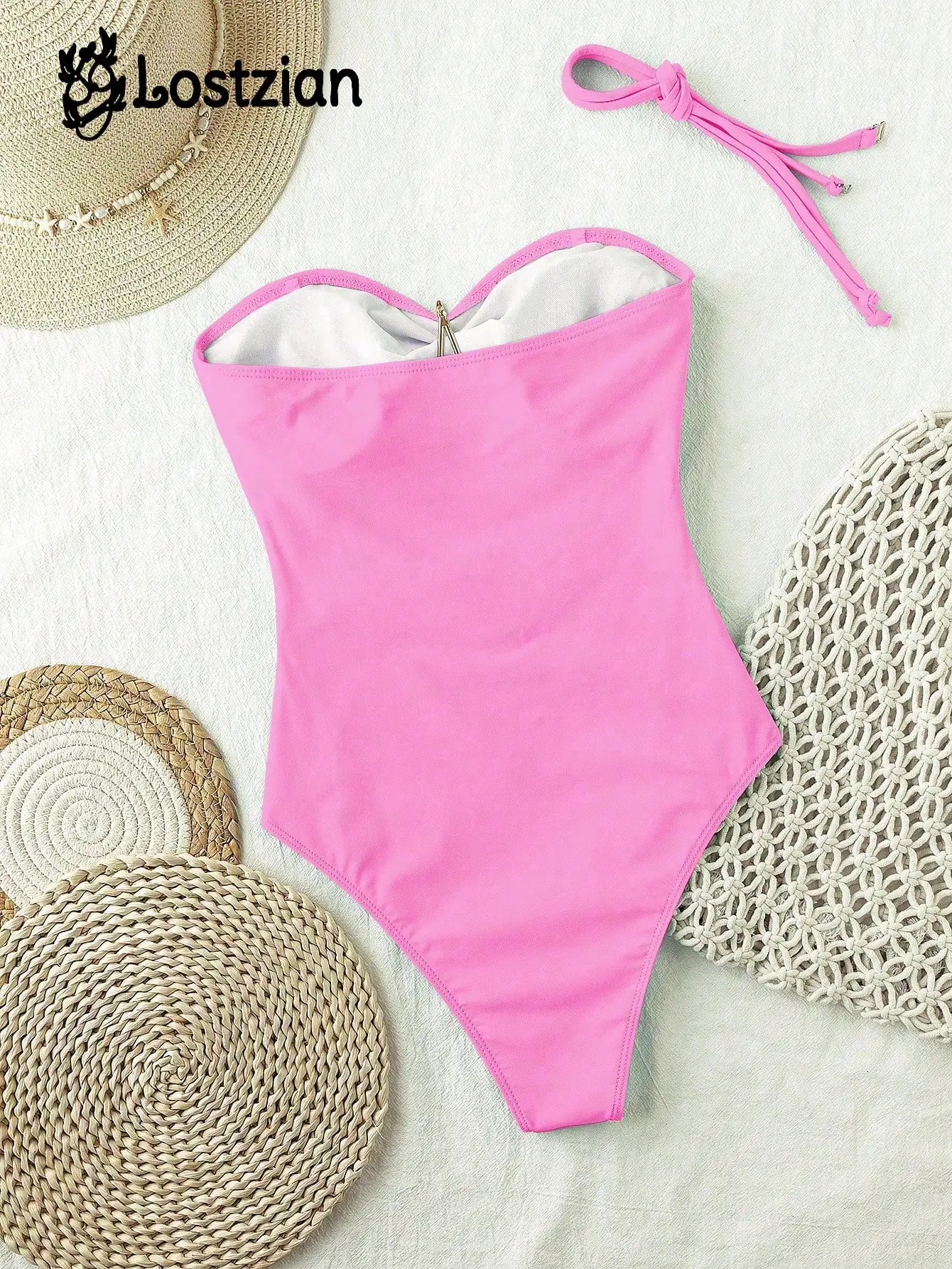 

Pink One Piece Swimsuit With Starfish Decor High Waist Hollow Out Beach Swimwear