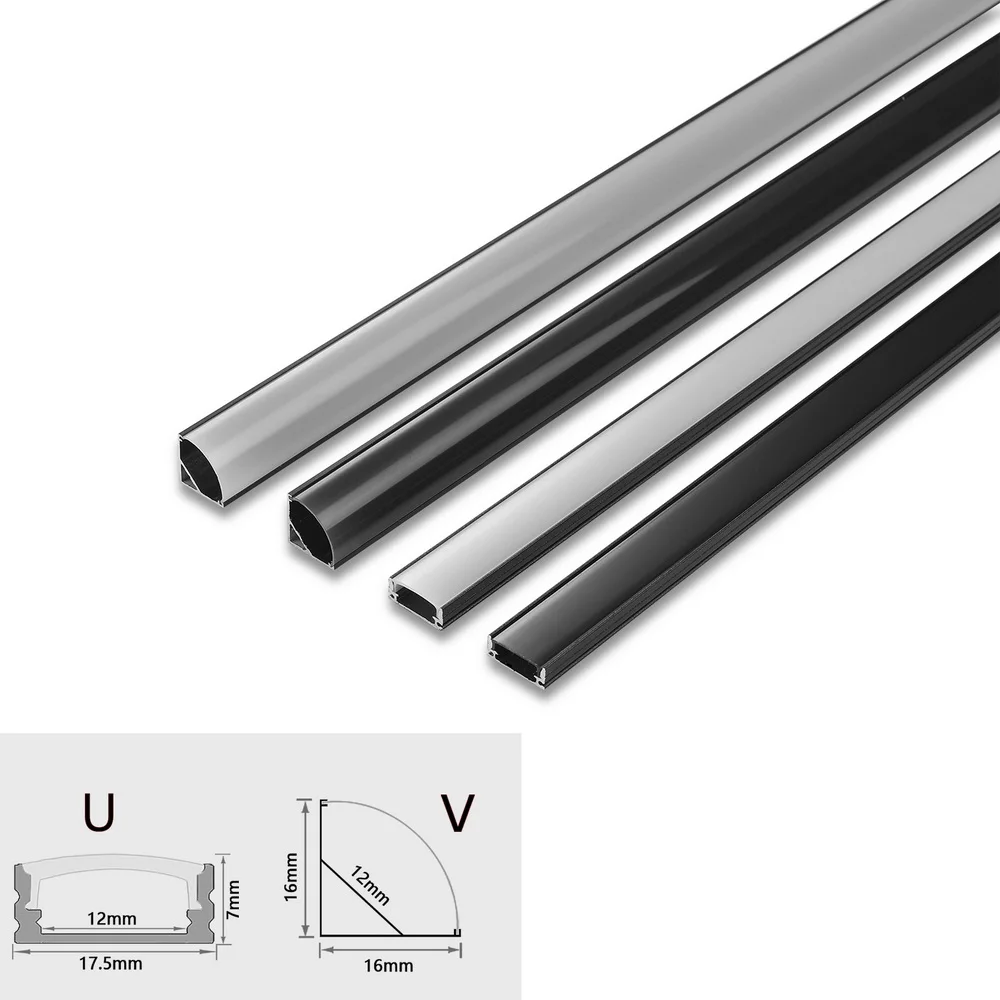 1-28PCS/Lot 0.5m Black V/U LED Aluminum Profile For 5050 5630 Channel Holder Milky Cover Cabinet Closet Linear Bar Strip Lights