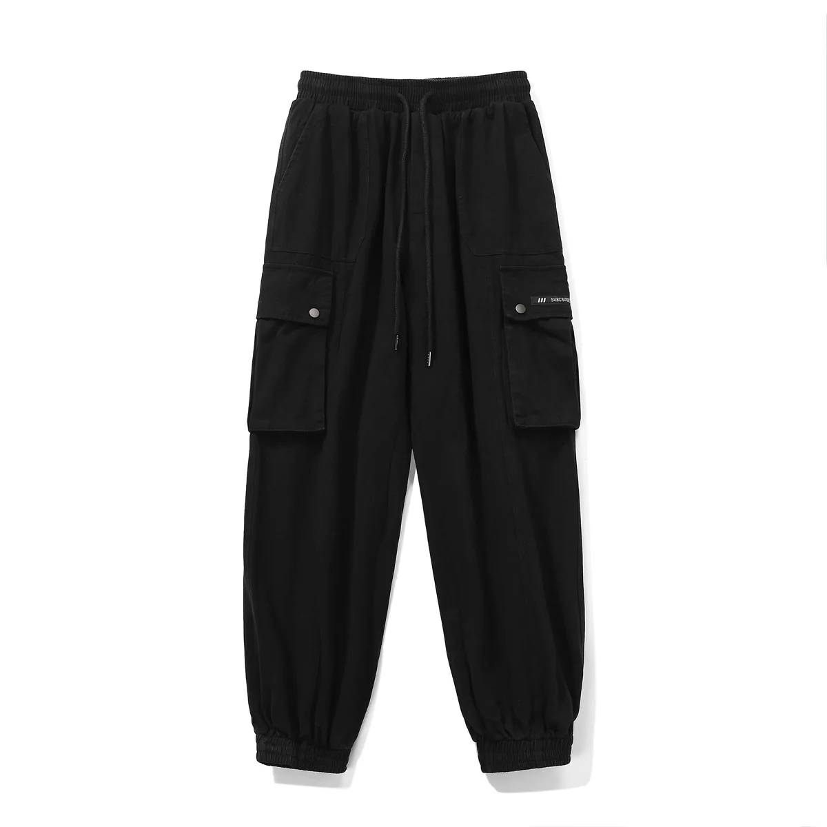 

Fashion Oversized Joggers Men Cotton Elastic Waist Side Pocket Long Tapered Trousers Unisex Work Wear Casual Cargo Pants Black