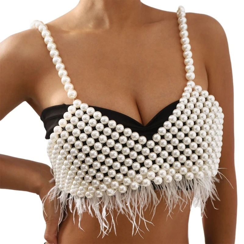 

Womens Handwoven Pearl Tassels Body Chain Crop Top Festival Beaded Hollowed Out Body Jewelry Camisole Vests Bras