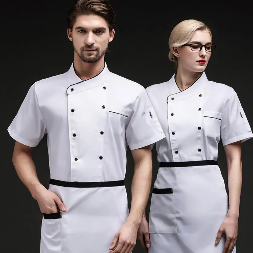 Chaqueta de Chef Unisex, abrigo de manga corta con botones, uniforme de Chef con bolsillo, ropa de cocinero, servicio de Catering, atuendo para hombre y mujer