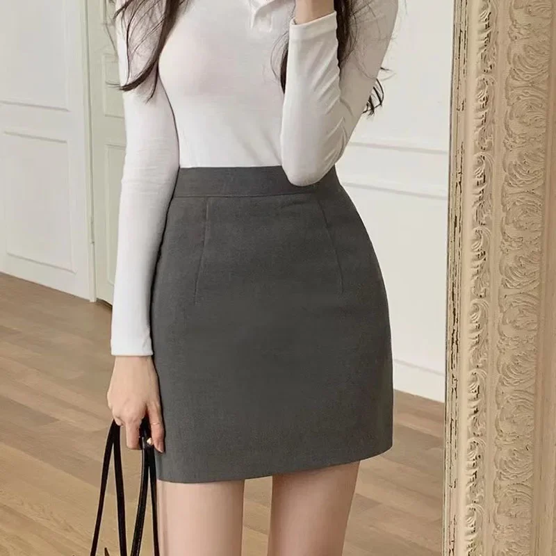 Smvp Black Gray Women's Mini Skirt Korean Fashion High Waist OL Office Package Hip Skirts Ladies Solid Simple Pencil Skirt