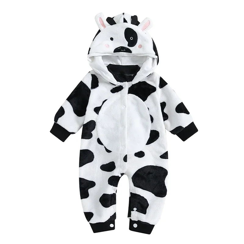 

0-18months Baby Long Sleeve Romper Casual Cow Pattern Button Hooded Jumpsuit For Girl And Boy Toddler Cute Cosplay Clothes