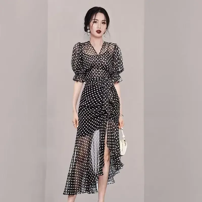 Summer New Temperament French Wave Point Waist Slimming Lantern Sleeve Dress Female Korean Irregular Skirt Fashion Sexy