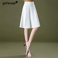 Women Summer Korean Black White Loose Wide Leg Knee Length Pants Office Lady Elegant High Waist Button Skirt Trousers Pantalones