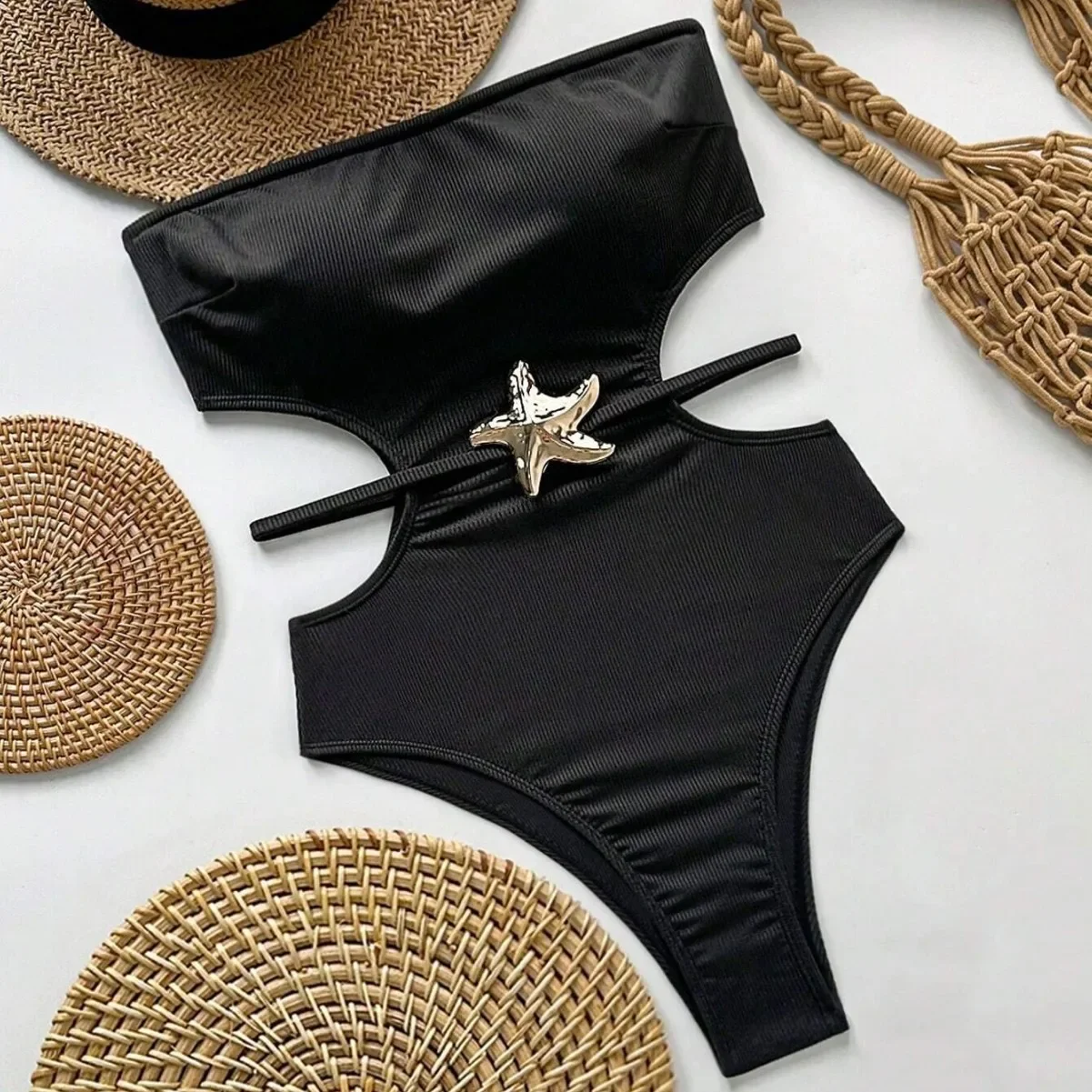 

2025 Metal Star Ribbed Bandeau Cut Out Women Swimwear One Piece Swimsuit Female High Leg Cut Padded Bather Bathing Suit Swim